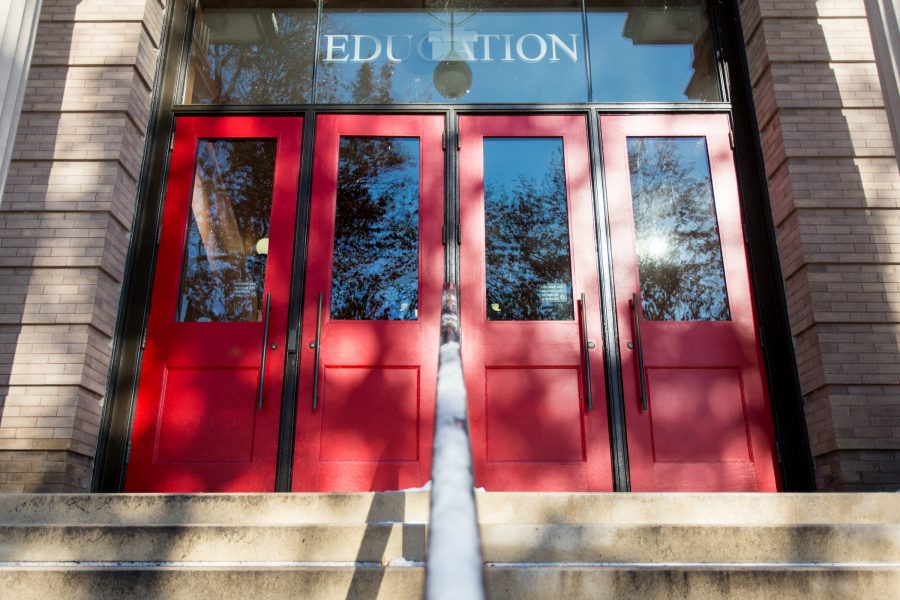 Education building red doors.
