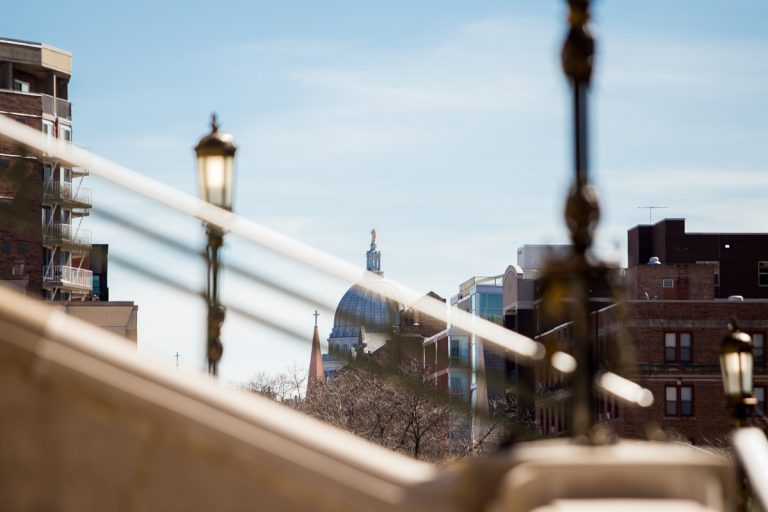 view of the Wisconsin state capital building from the uw memorial union